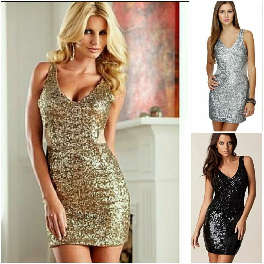 Bebe mesh cut out v neck sequin dress.